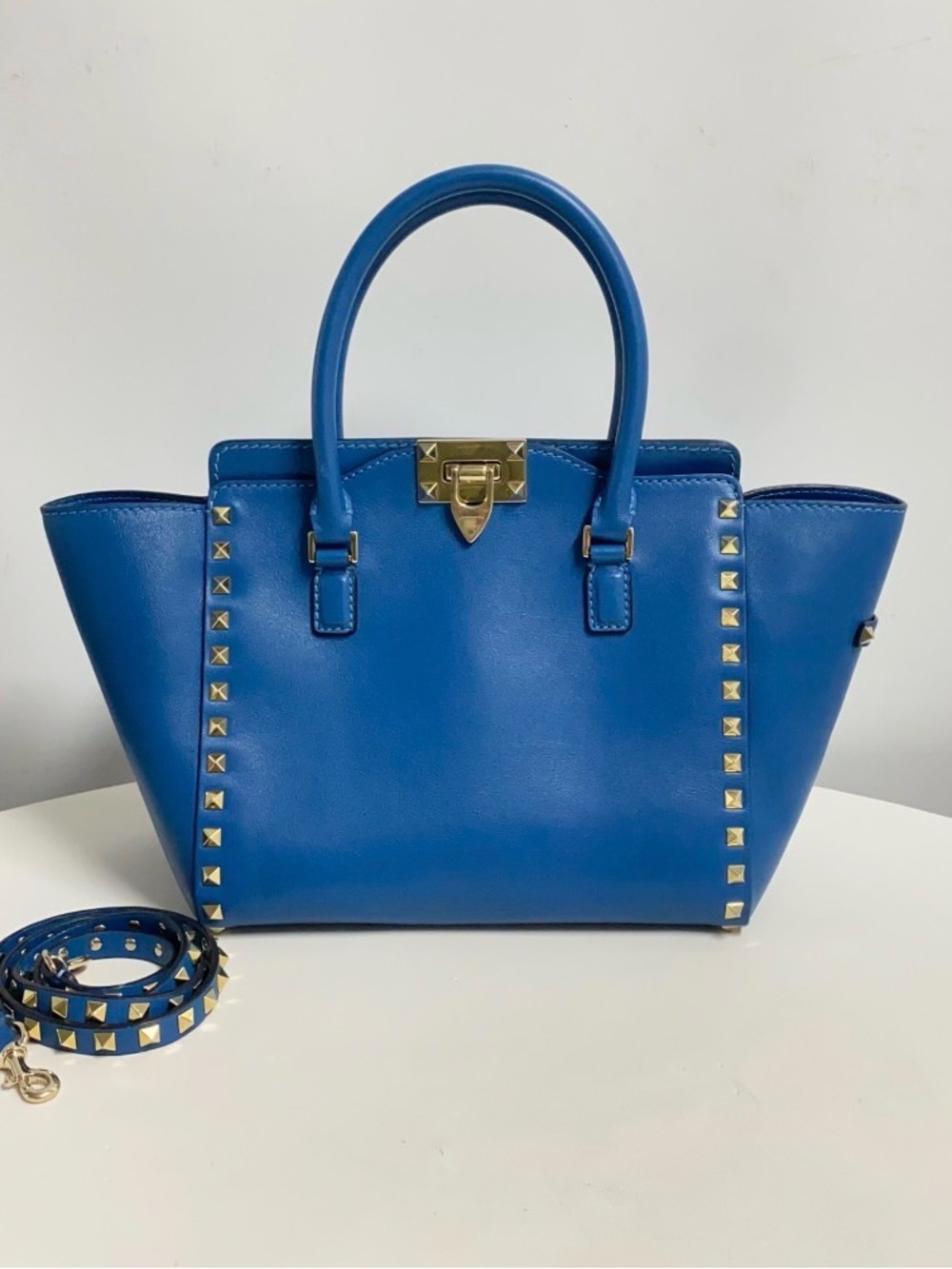 Valentino Garavani Rockstud Leather Tote Bag Blue w/ Strap and COA